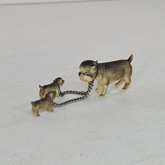 Vintage Celluloid Chained Bulldog Mom With Puppies Miniature Figurines - Picture 4 of 7